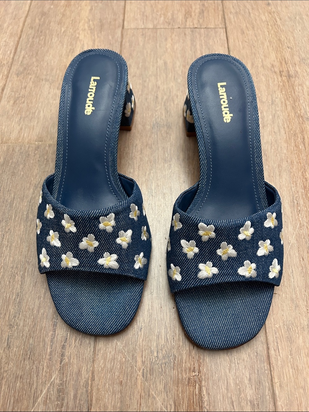 Larroude Navy Denim Floral Embroidered Slide Mules
